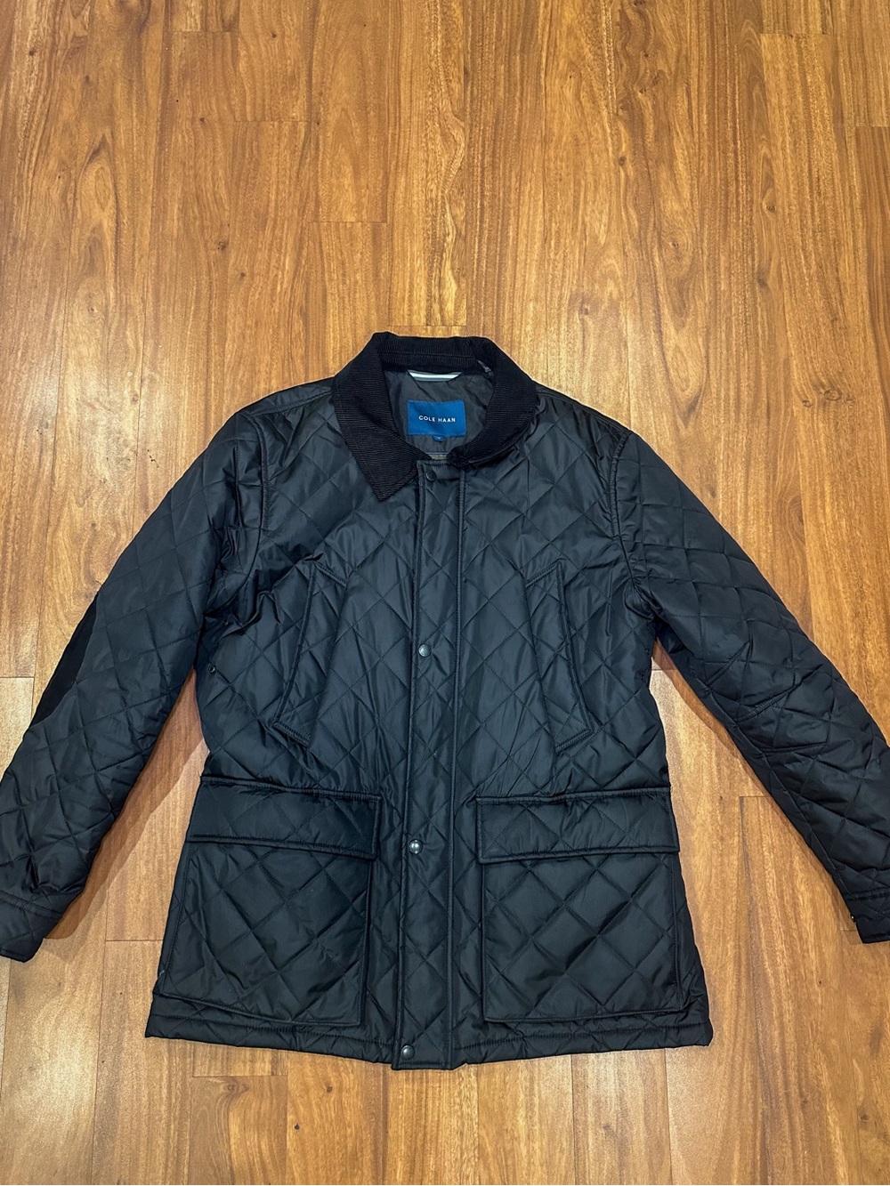 Cole Haan Quilted Barn Jacket Mens Large Black Corduroy Collar Elbow Patch